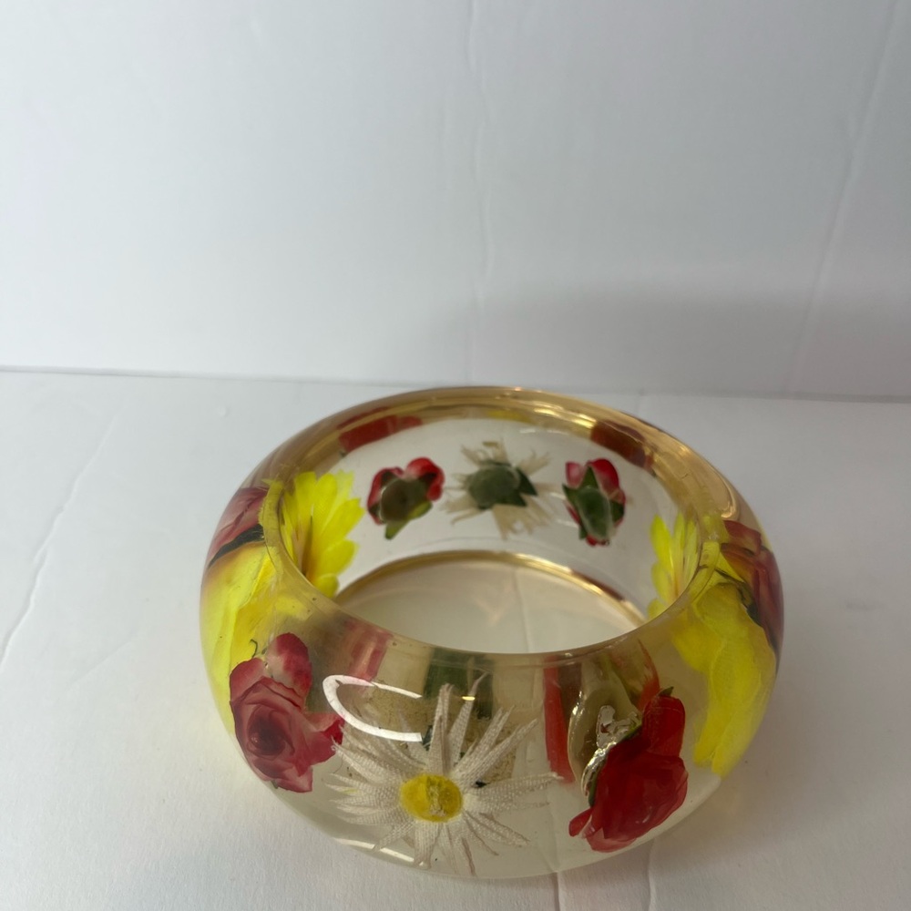 Floral Resin Bracelet with Red and Yellow Accents